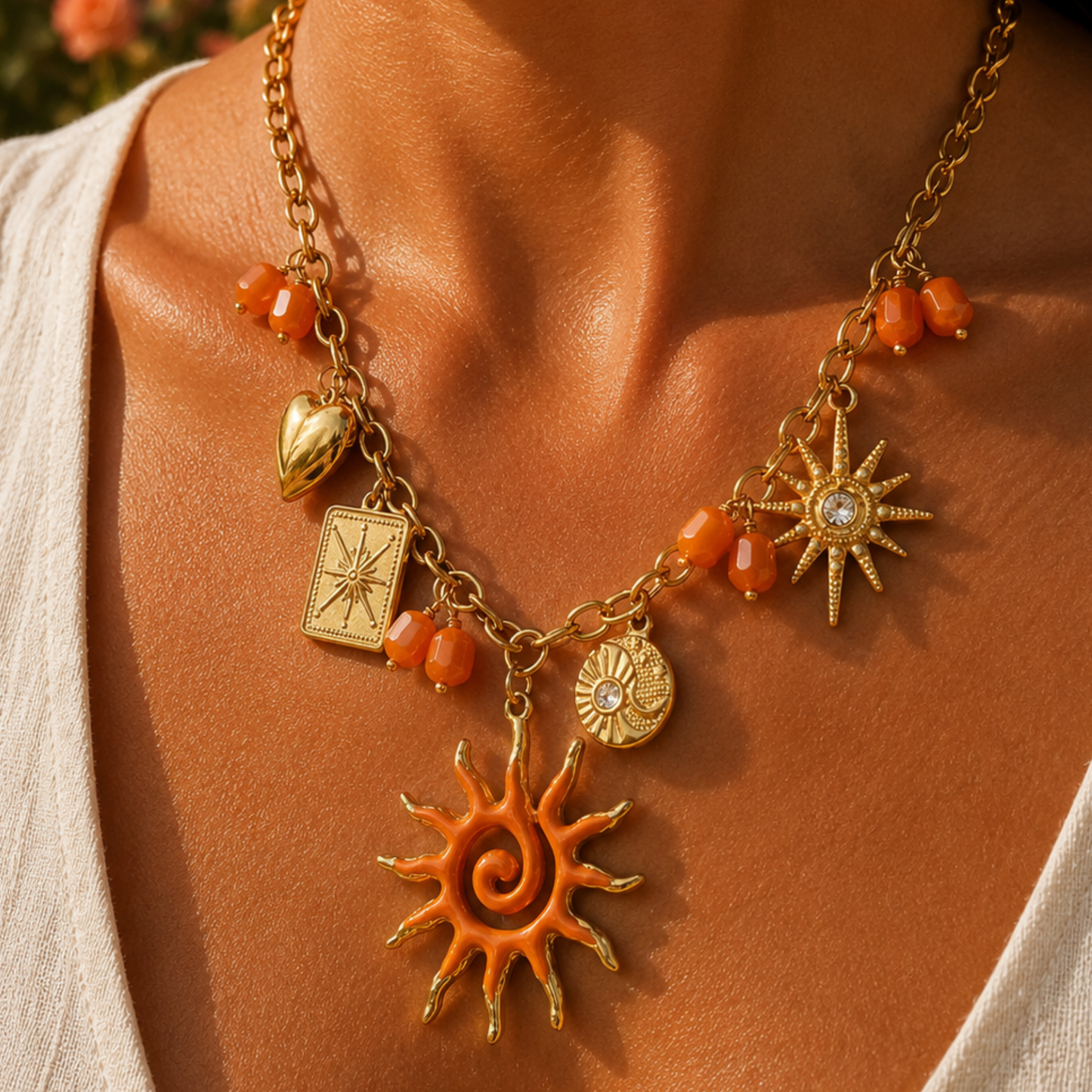 Collier soleil orange et breloques