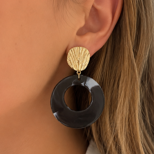 Boucles d'oreilles noires résine marbrée