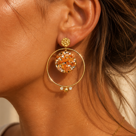 Boucles d'oreilles dorées marbrés orangés